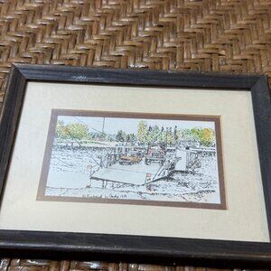 Handcrafted Framed Ink Drawing By Richard H. Cady 1979 River Crossing